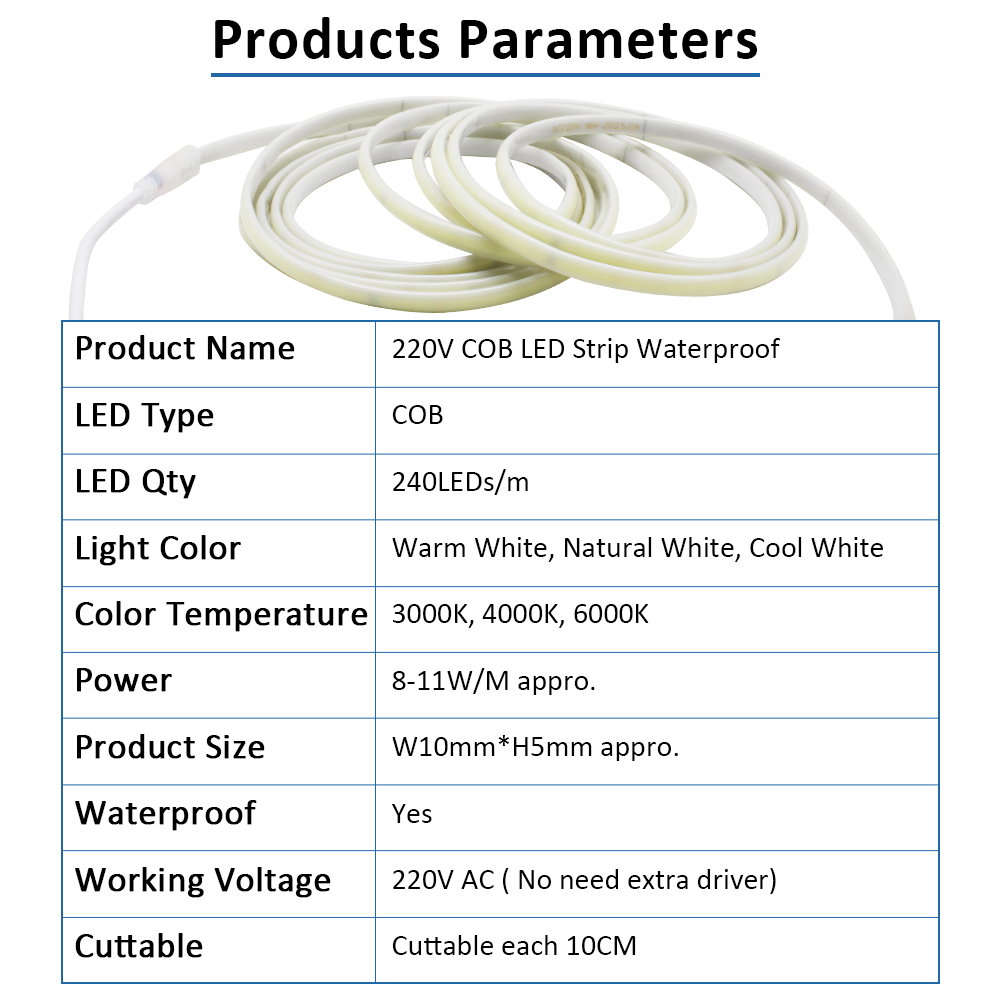 220V IP67防水COB LEDストリップ 3000K  - Outdoor Power Strip Weatherproof のレビューと価格
