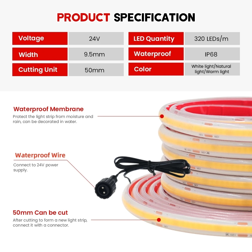 24V COBストリップライト IP68防水 ホワイト ソー - Outdoor Power Strip Weatherproof のレビューと価格